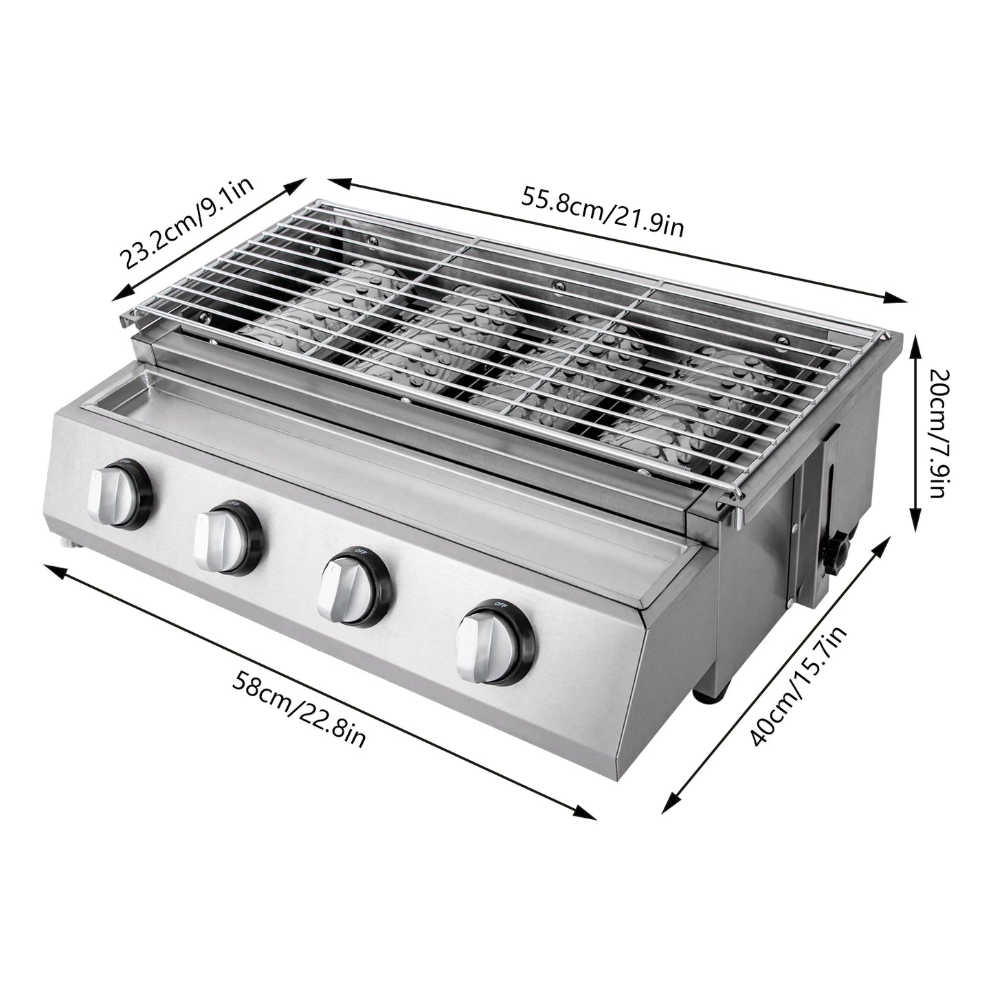 Stainless Steel 4-Burner Portable Tabletop Propane Gas Grill Smokeless