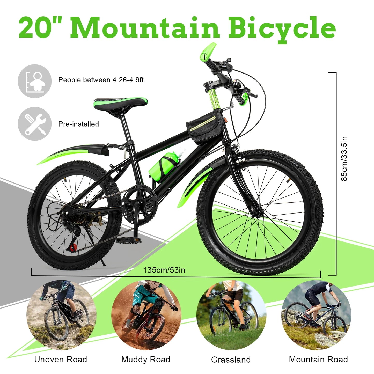 Kids Mountain Bike 7 Speed With Adjustable Seat And Mudguards