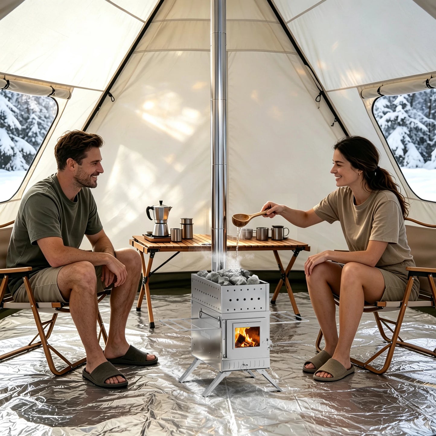 Portable Stainless Steel Hot Tent Stove With Six Chimney Pipes