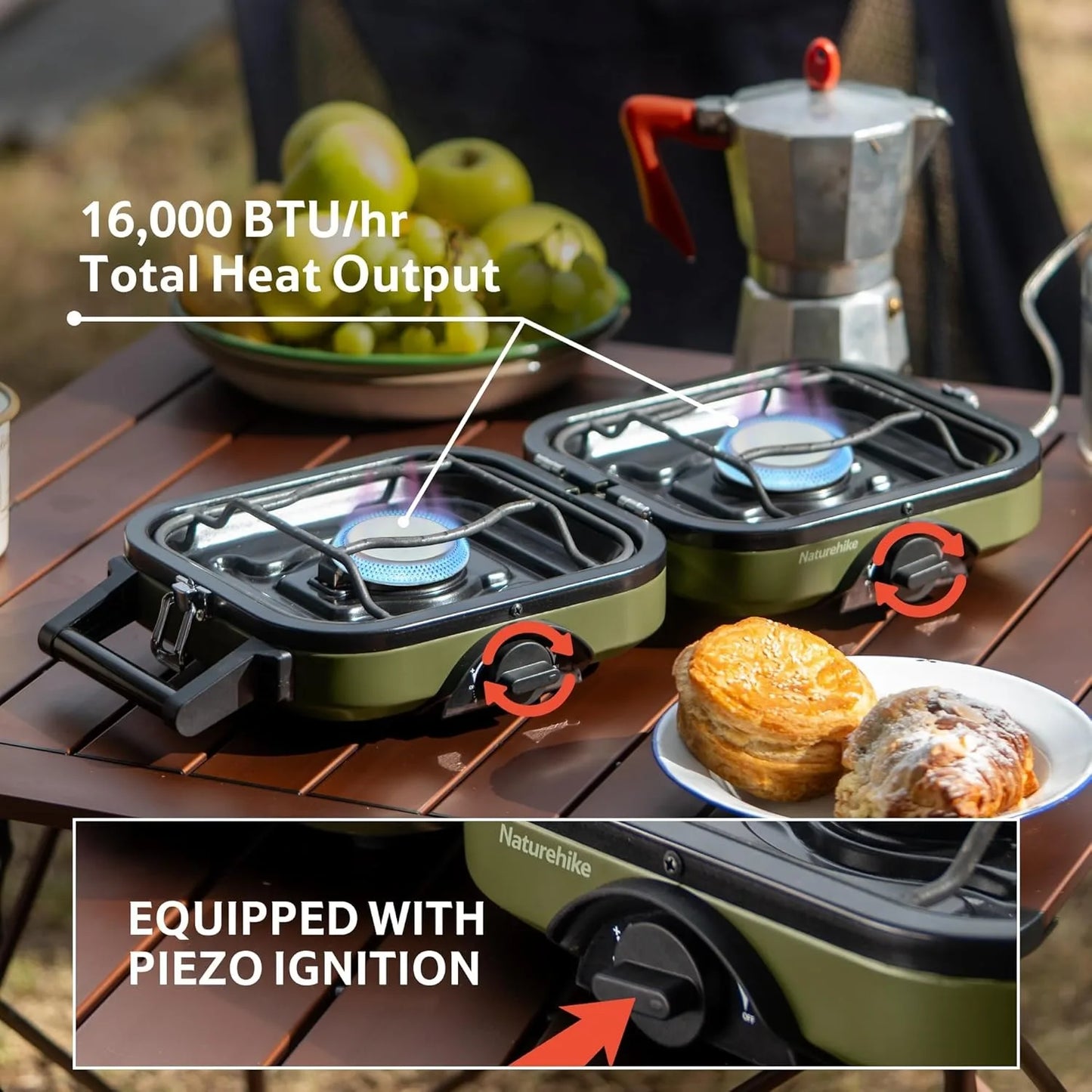 Naturehike 2 Burner Folding Camping Stove Portable Propane Gas Stove with Carry Bag 16000 BTU Stove Outdoor Picnic Equipment