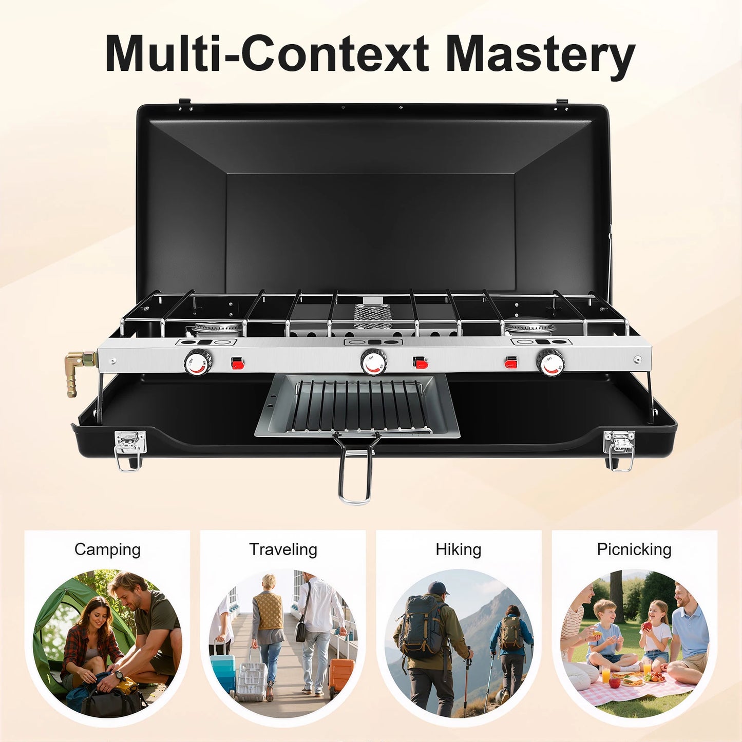 Portable 3 Burner Gas Camping Stove With Piezo Ignition