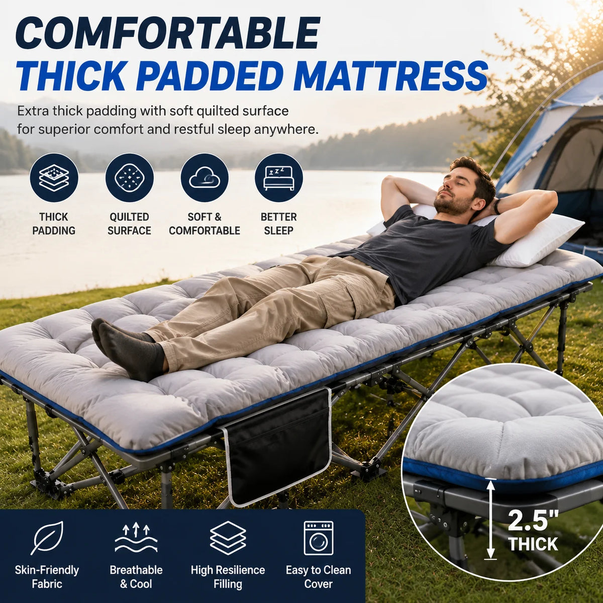 Portable Foldable Camping Cot With Thick Padded Sleeping Bed