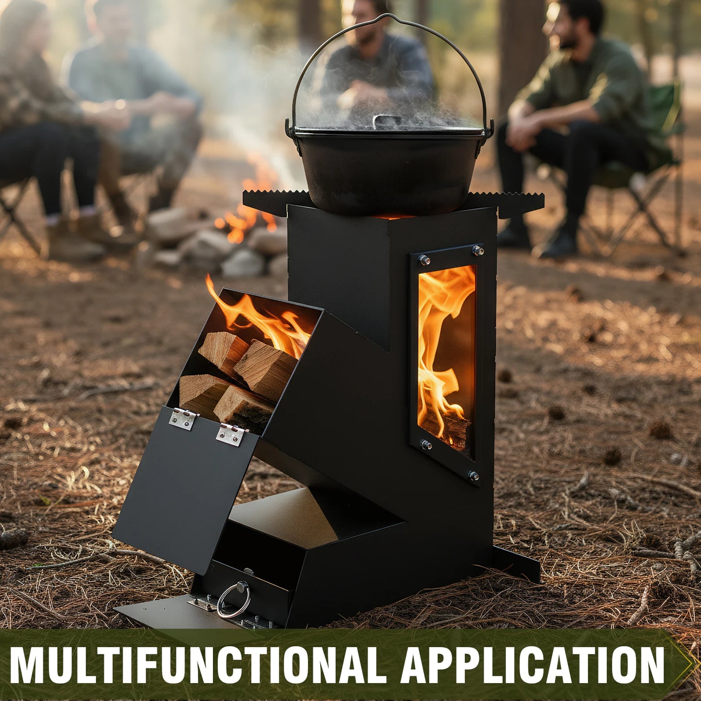 Portable Rocket Stove With Glass Door Outdoor Camping Grill Emergency