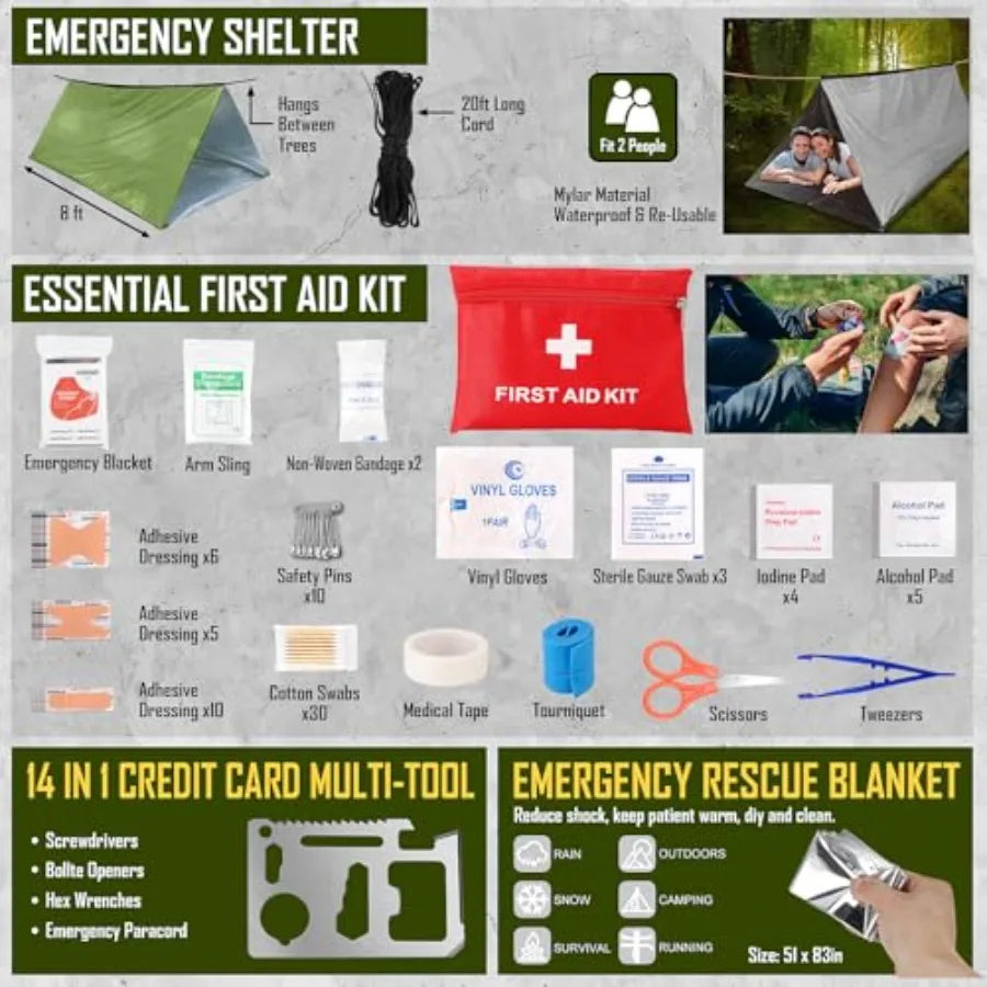 Survival Kit 268 Pcs Emergency Gear With First Aid Kit Headlamp