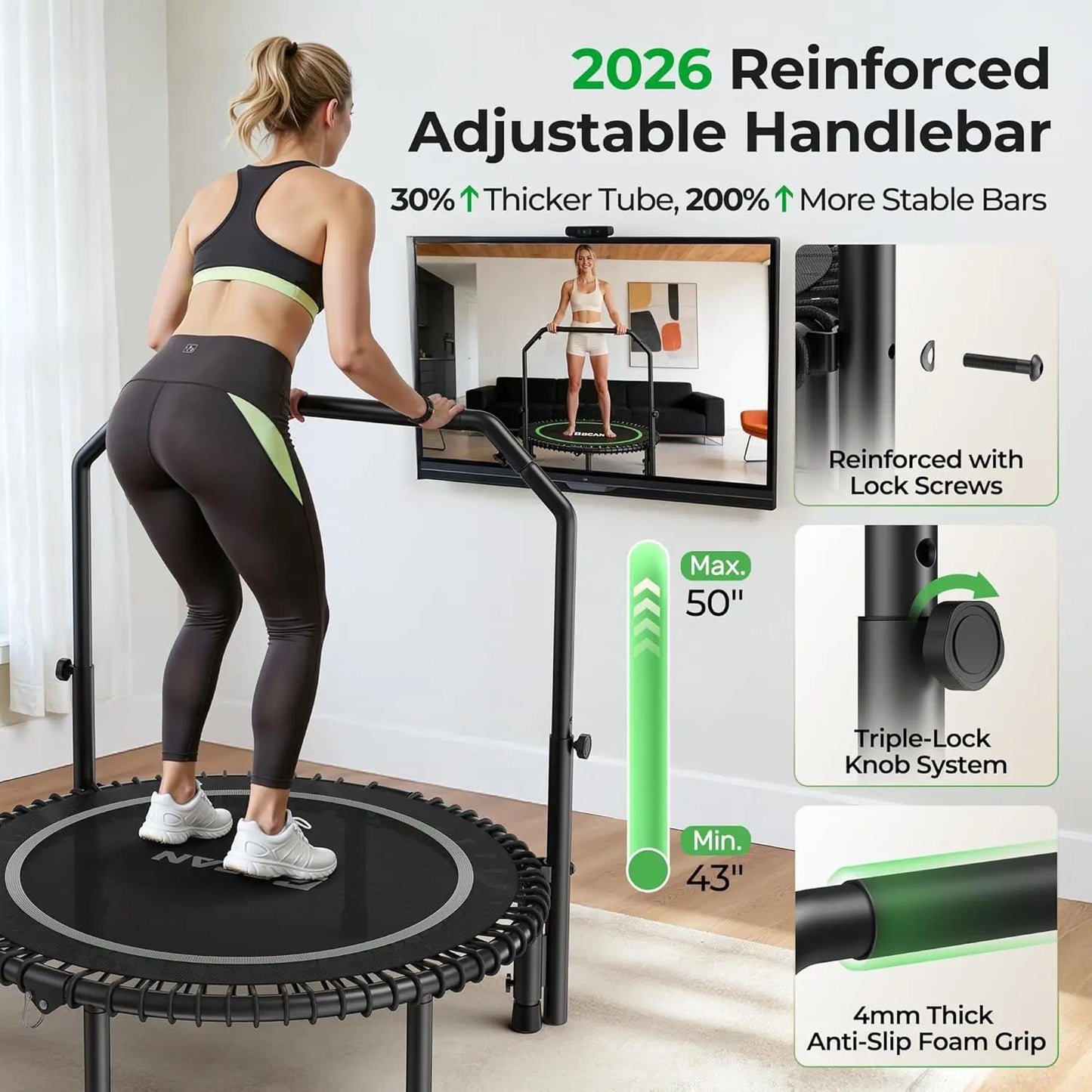 Mini Rebounder Trampoline 450LBS Fitness Trampoline With Adjustable Handle