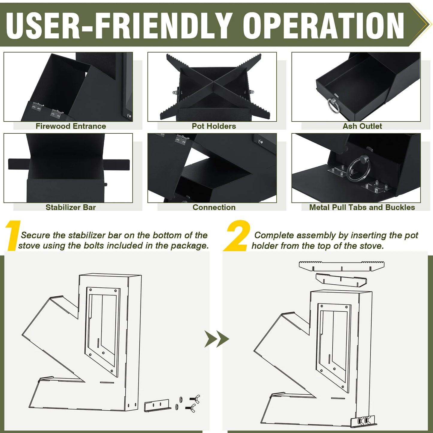 Portable Rocket Stove With Glass Door Outdoor Camping Grill Emergency