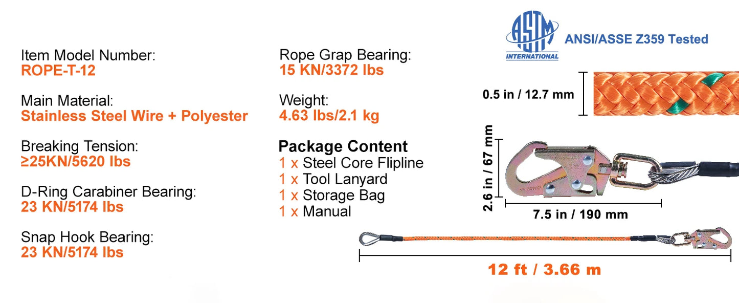 SucceBuy 25KN Steel Wire Flip Line Kit With Snap Hooks