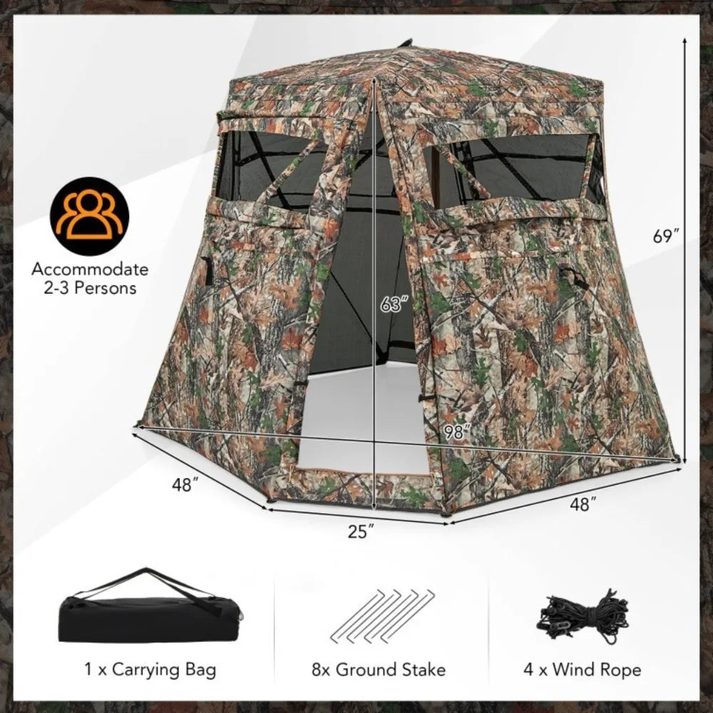 360 Degree Pop Up Hunting Ground Blind With Four See Through Panels