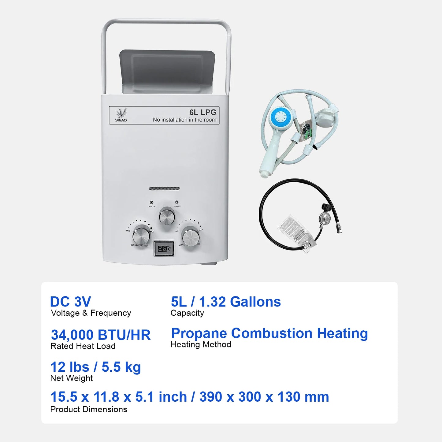 Sihao 6L LPG Gas Water Heater Portable Tankless Boiler Camping