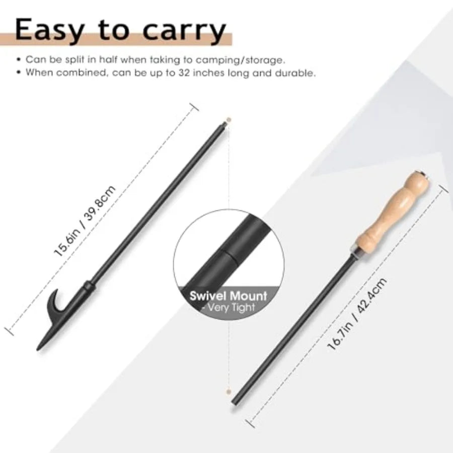 Heavy Duty Camp Fire Poker With Wooden Handle Rustproof Camping
