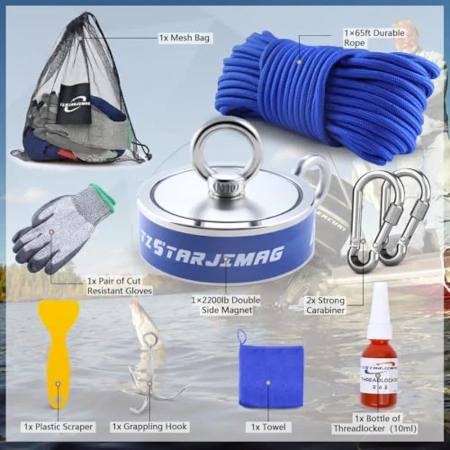 Double Side Magnet Fishing Kit 2200 Lb Super Strong Neodymium Magnets with 66 Ft Rope 3.85 Inch Large Magnetic Fishing Kit with