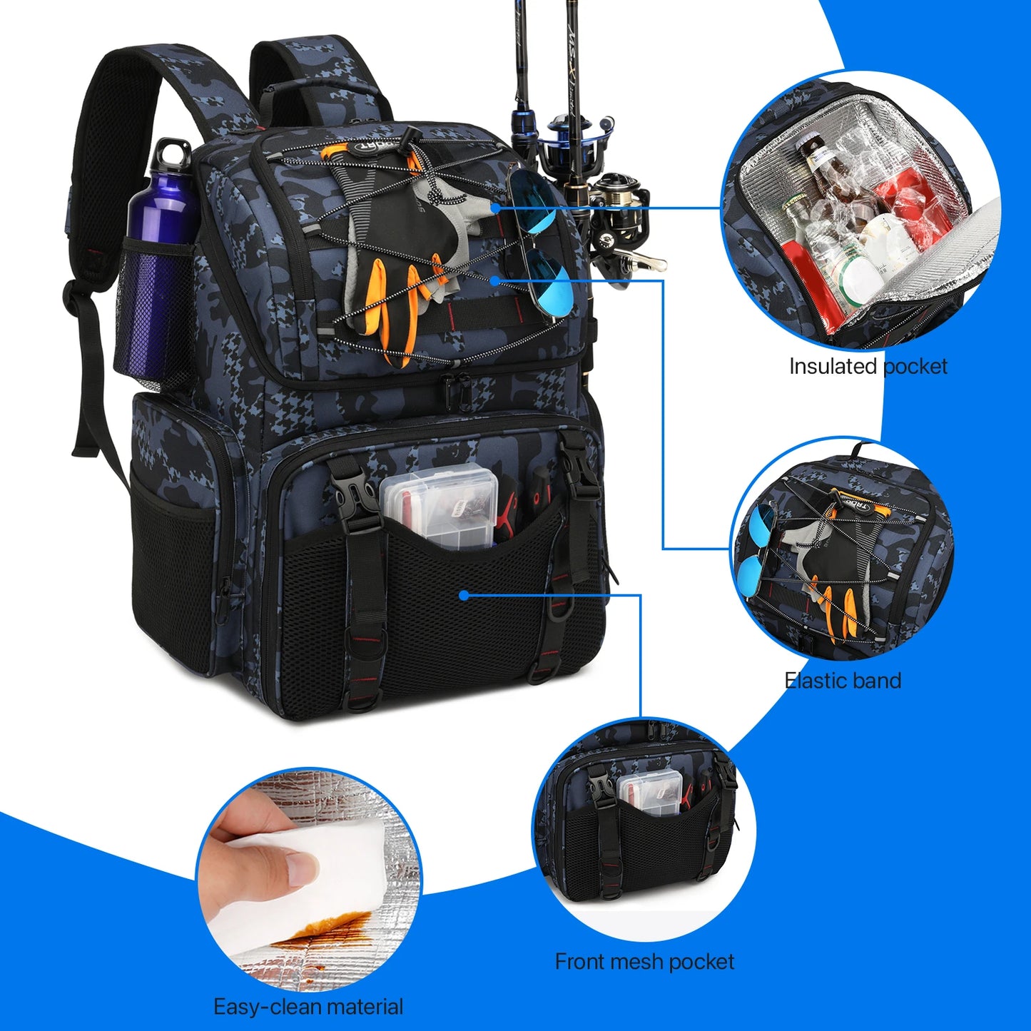 Fishing Backpack With Rod Holders And Tackle Storage Rain Cover