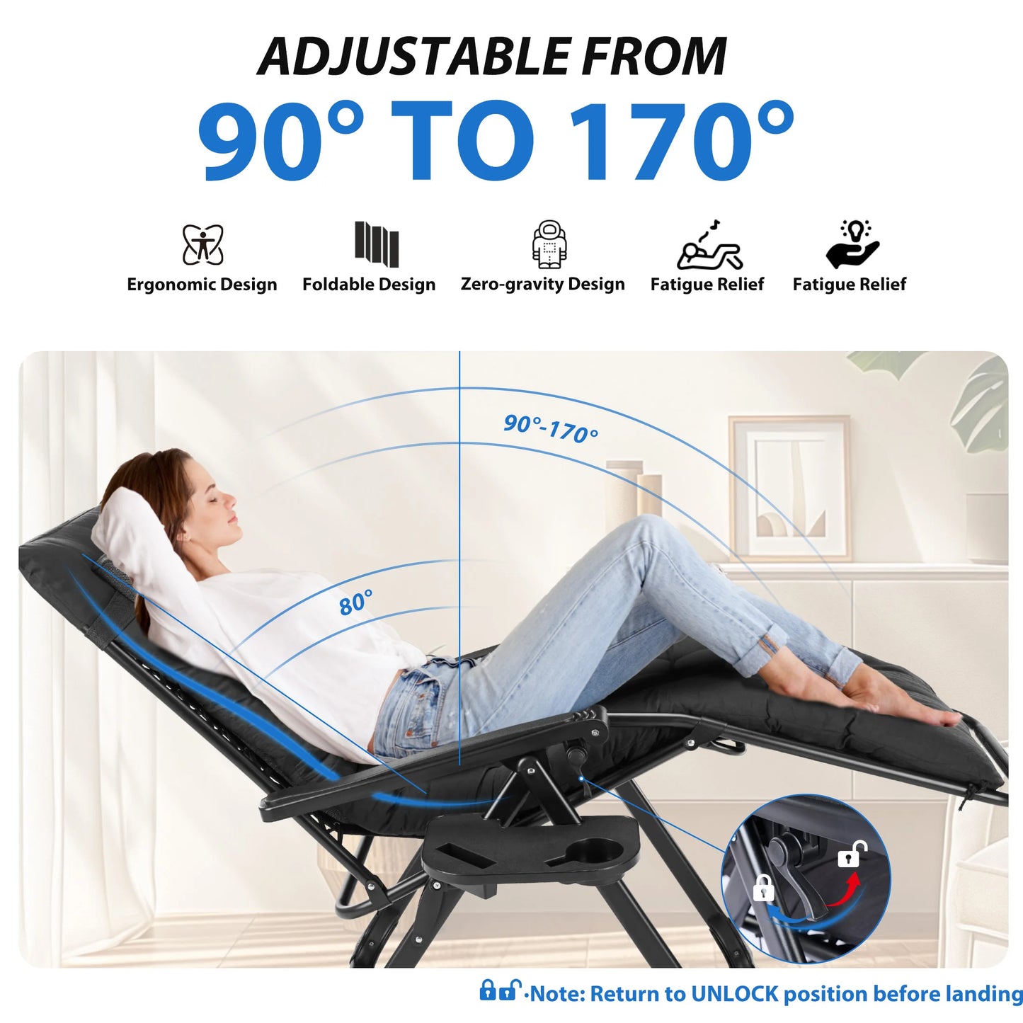Zero Gravity Cushioned Lounge Chair Folding Camping Cup Holder Cooler