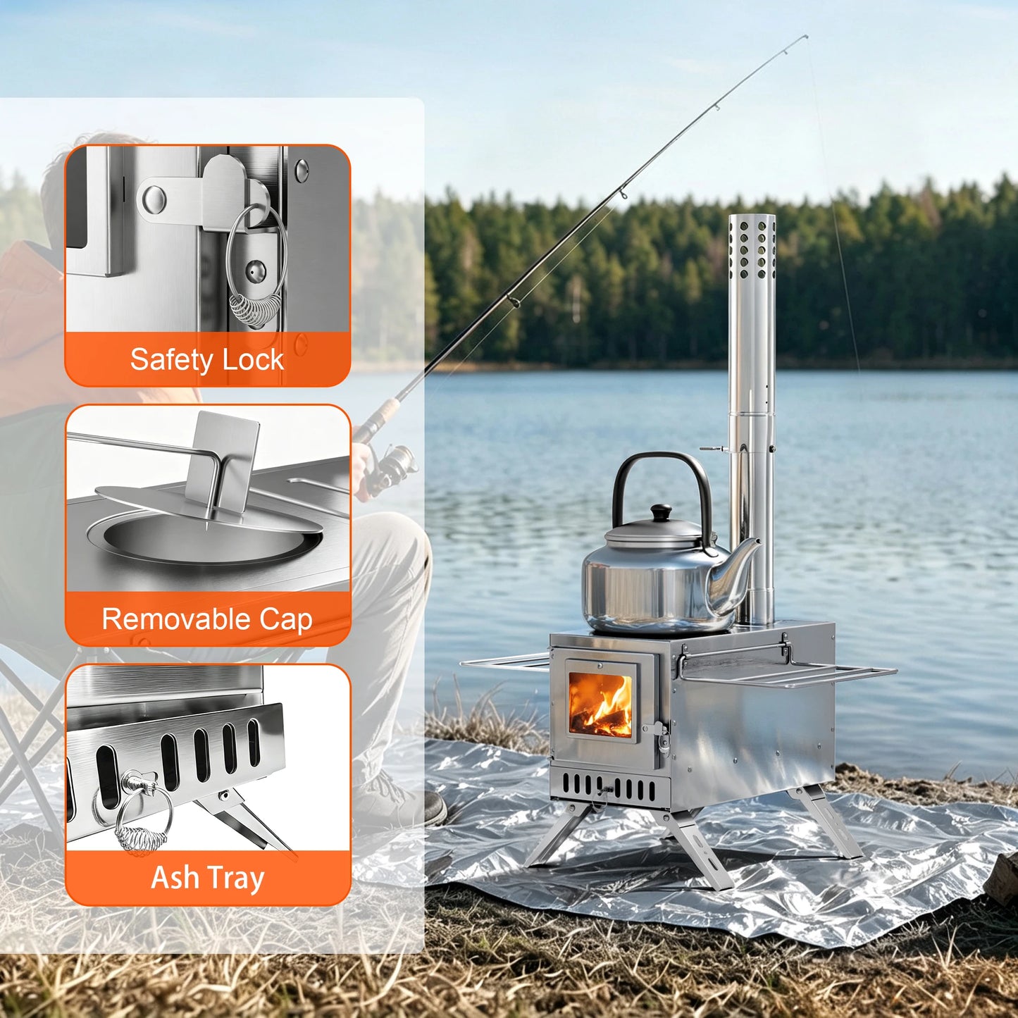 Portable Stainless Steel Hot Tent Stove With Six Chimney Pipes