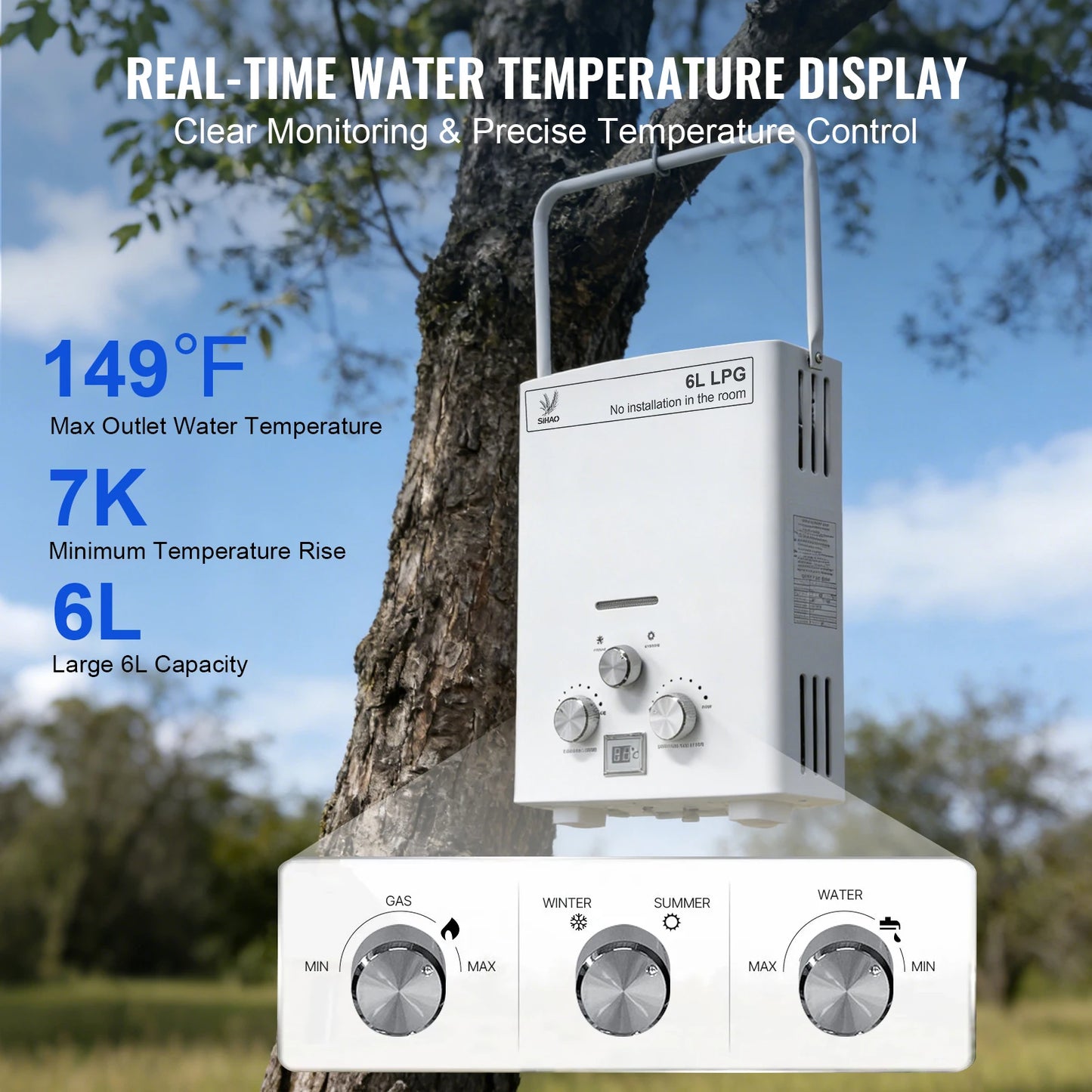 Sihao 6L LPG Gas Water Heater Portable Tankless Boiler Camping