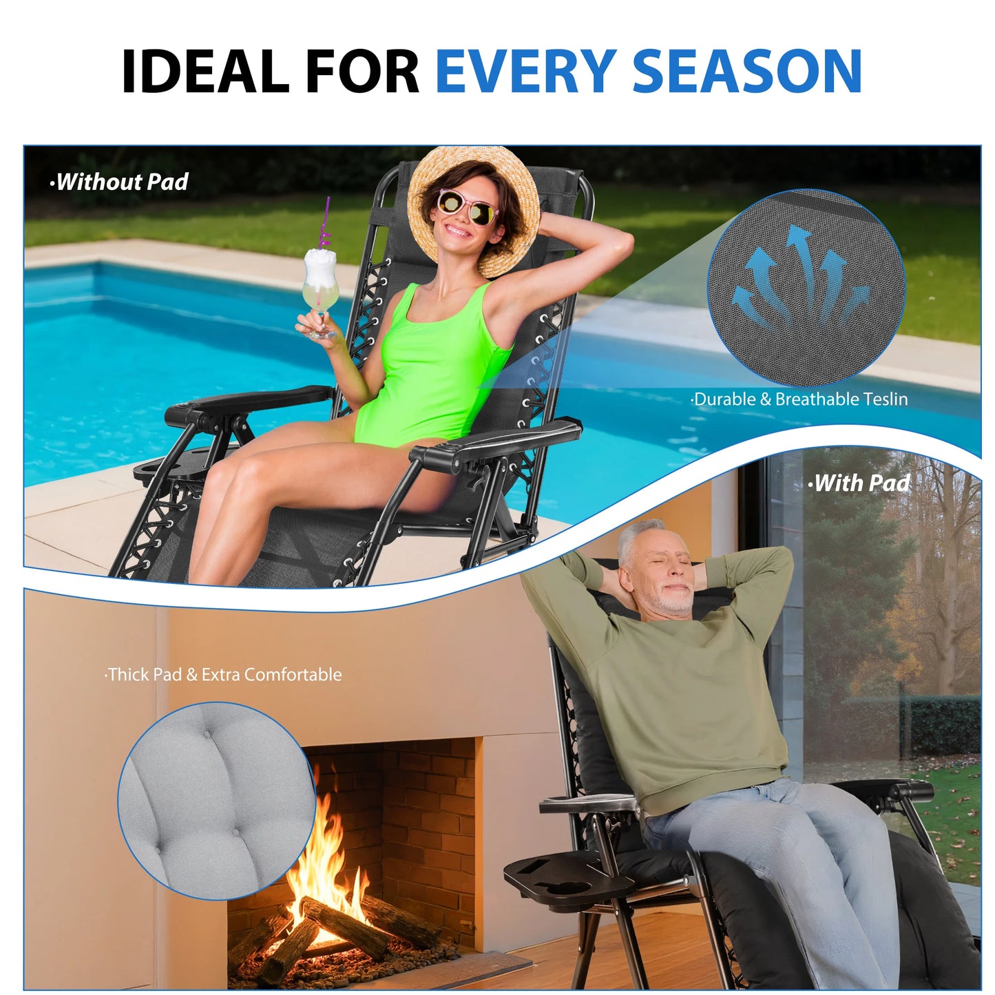 Zero Gravity Cushioned Lounge Chair Folding Camping Cup Holder Cooler
