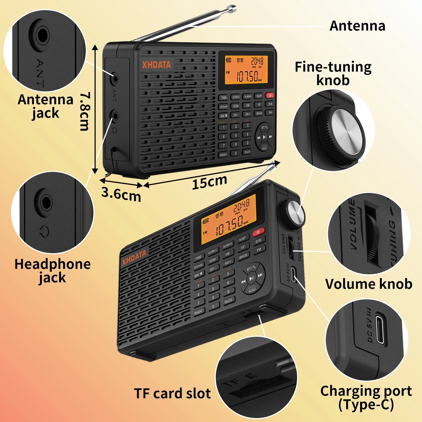 XHDATA D109 WorldBand DSP AM FM SW LW Receiver AlarmClock