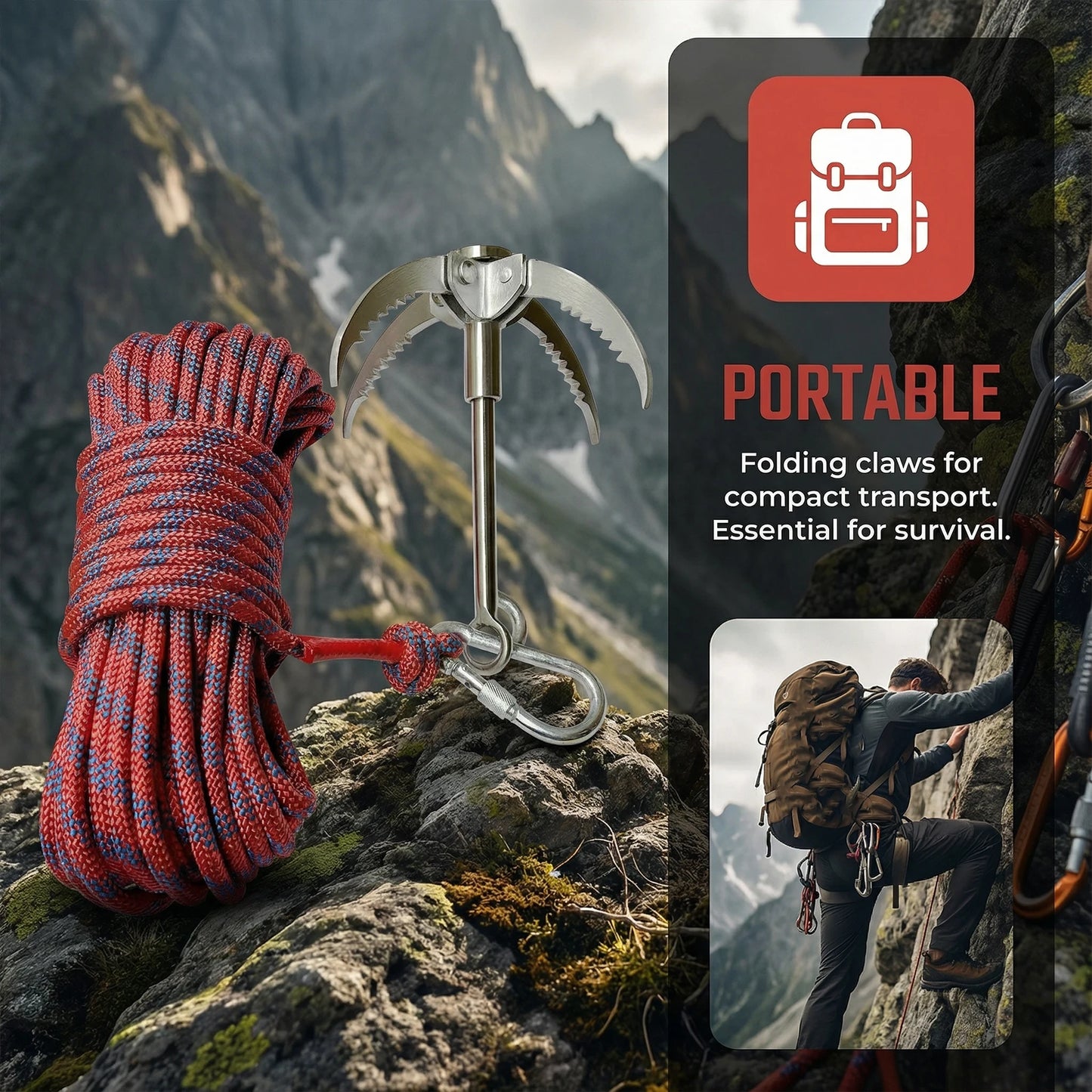 VKTECH Grappling Hook With 20M Rope Foldable Climbing Tool Outdoor Survival