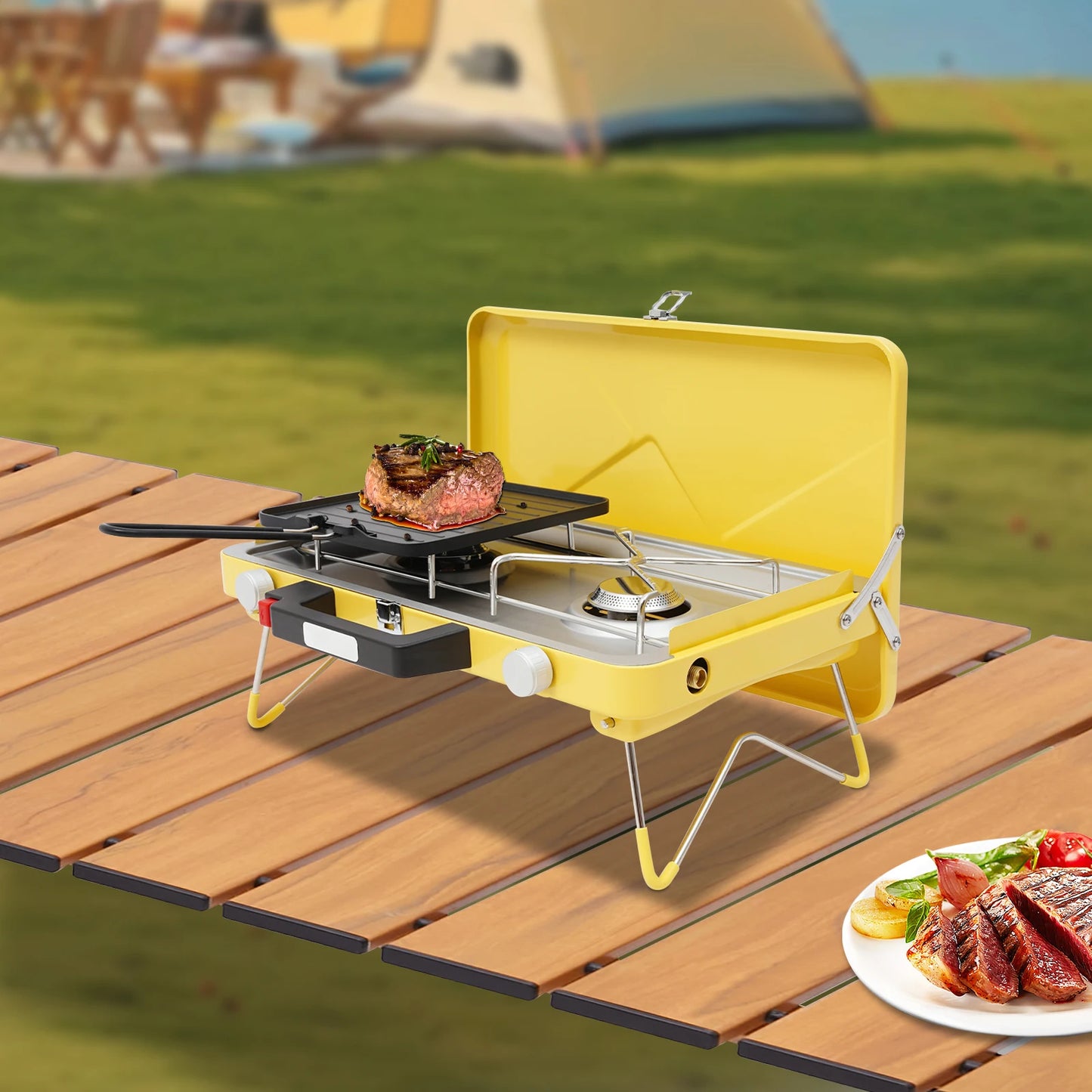 Portable Outdoor Gas Stove 2 Burner With Windshield