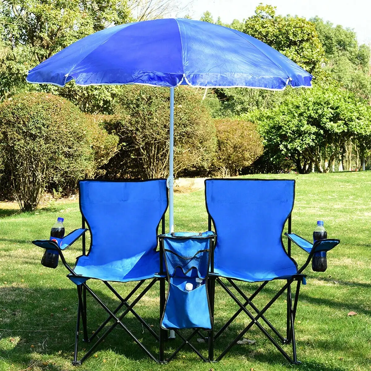 Folding Picnic Double Chair With Umbrella Table Cooler For Beach Camping