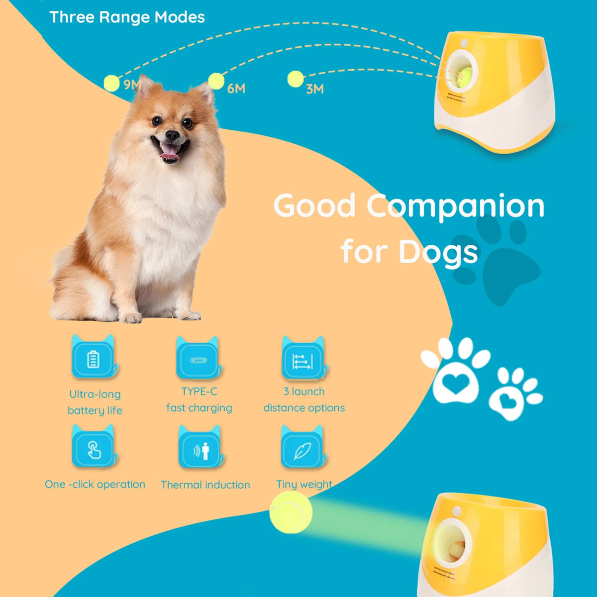 Automatic Adjustable Dog Tennis Ball Launcher With Three Balls