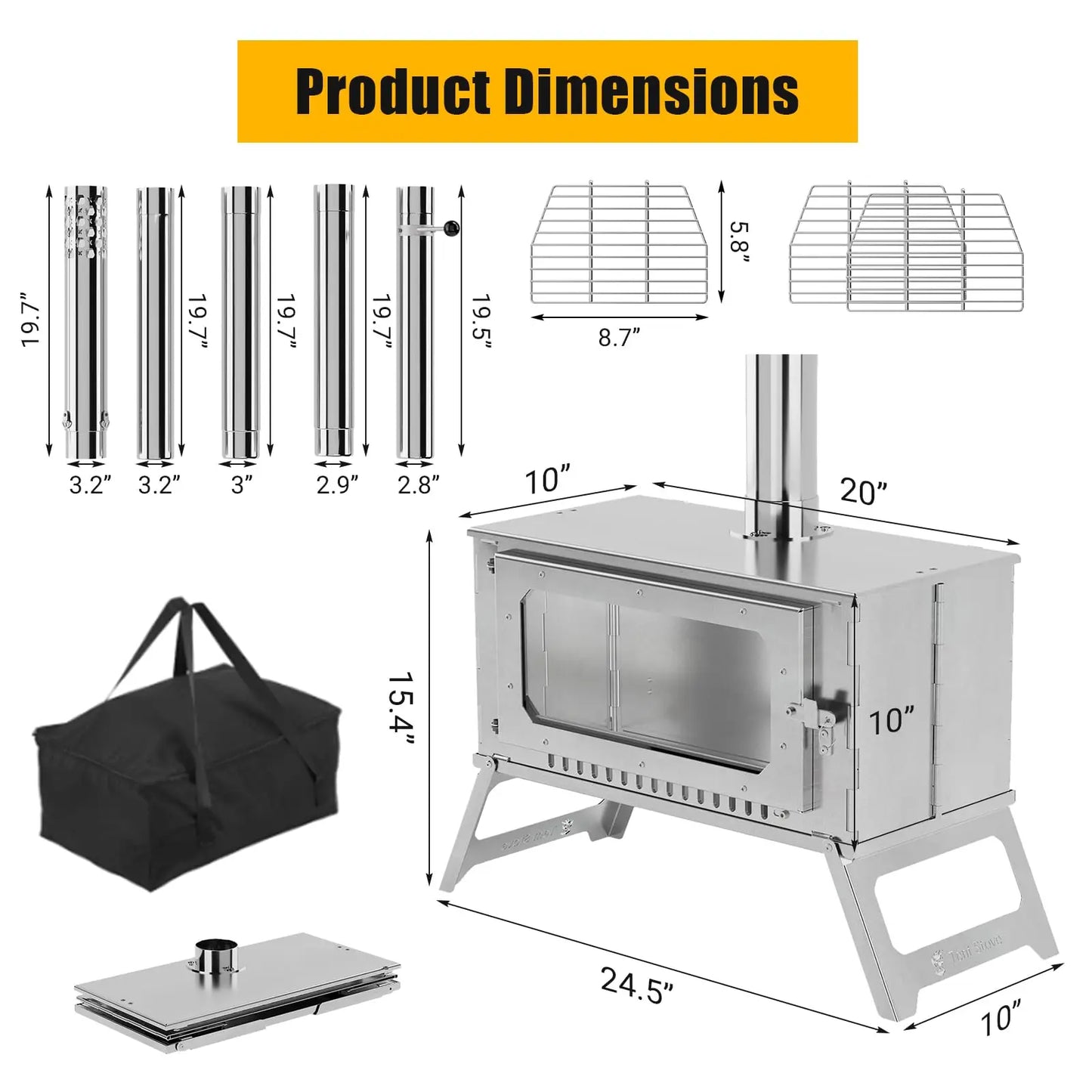 Portable Stainless Steel Hot Tent Stove With View Glass And Chimney Pipes