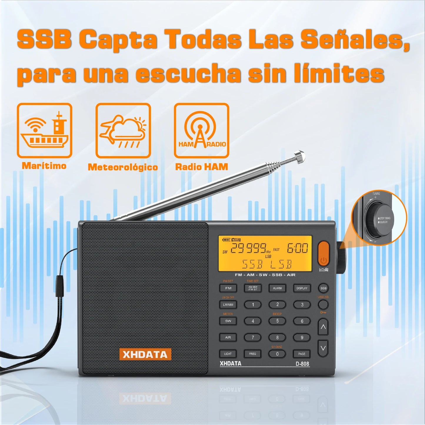 XHDATA D808 Portable Multiband Radio Receiver AM FM SW SSB