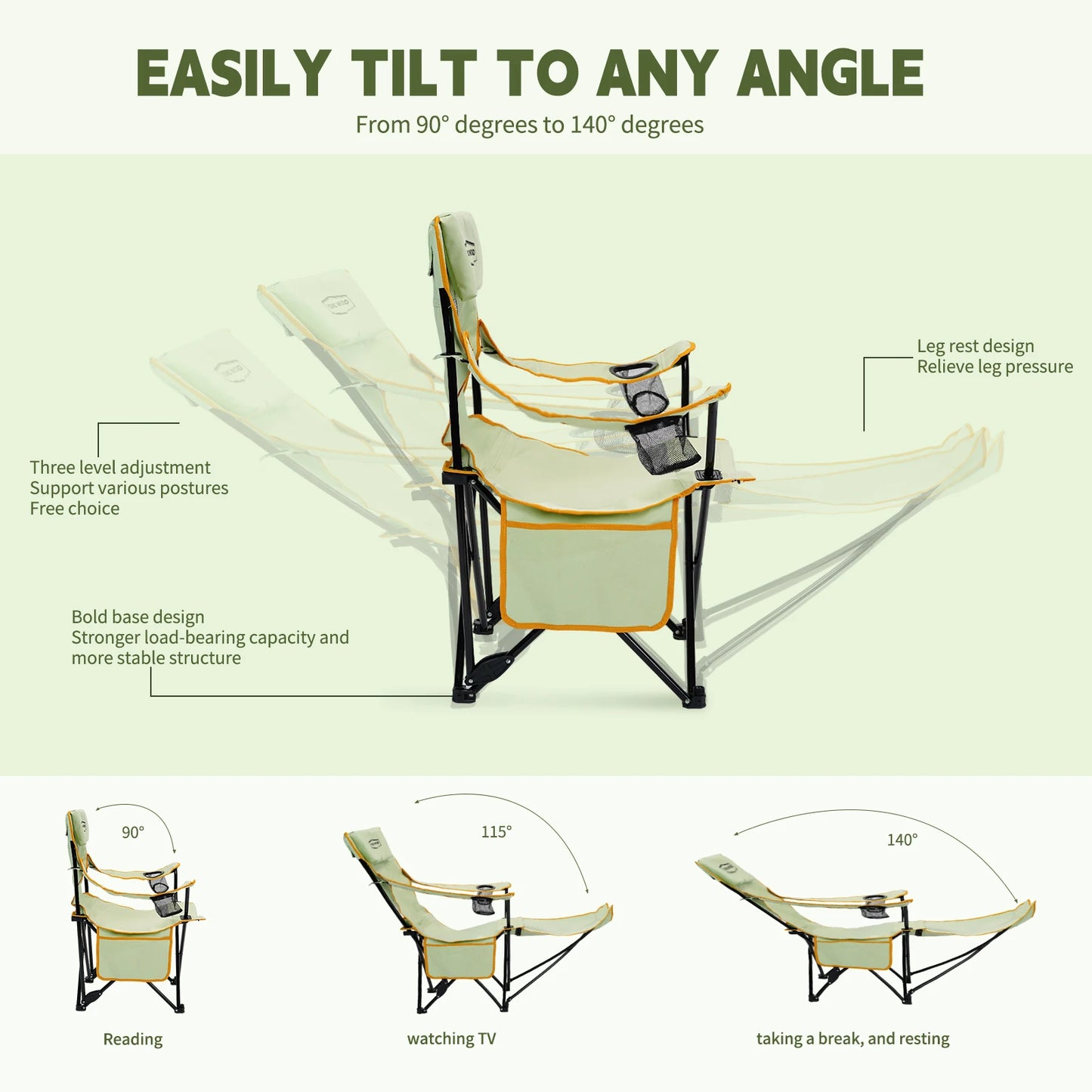 GERC Young Wood 2 In 1 Reclining Camping Chair Footrest