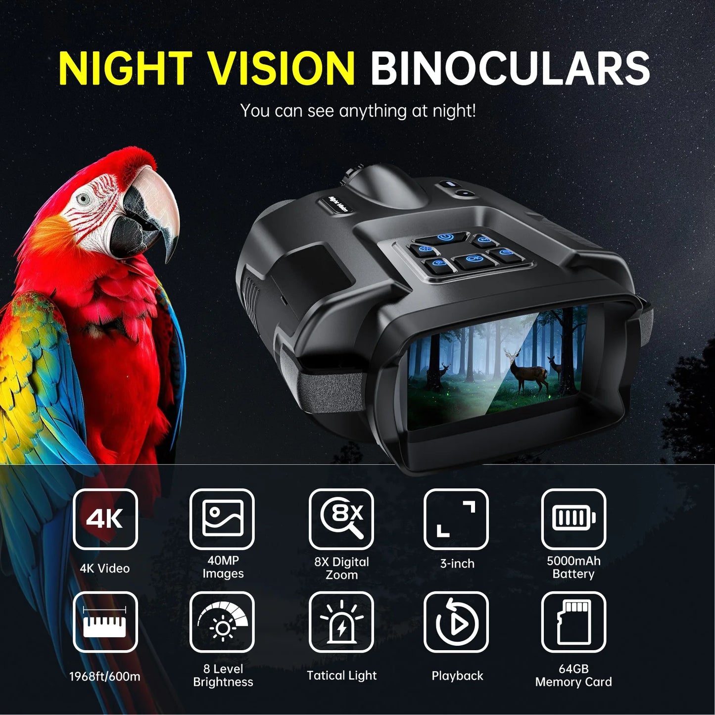 DIYIMIN Night Vision Binoculars 4K Infrared 8X Digital Zoom Goggles