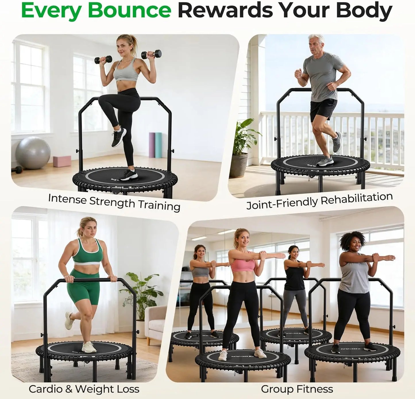 Mini Rebounder Trampoline 450LBS Fitness Trampoline With Adjustable Handle