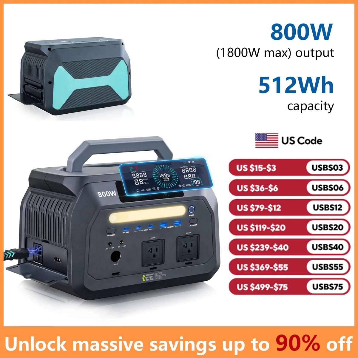 IEE 800W Portable Power Station With 512Wh LiFePO4 Battery