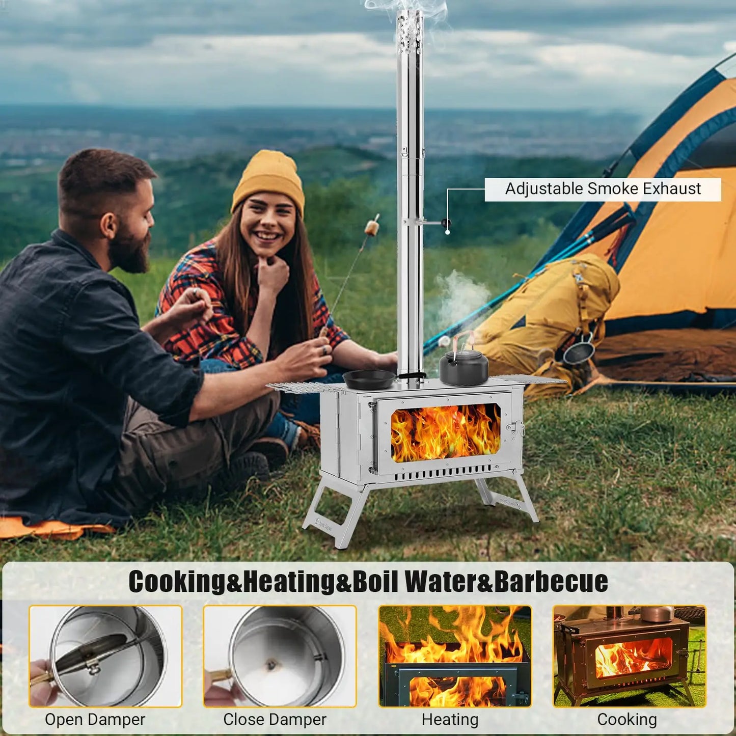 Portable Stainless Steel Hot Tent Stove With View Glass And Chimney Pipes