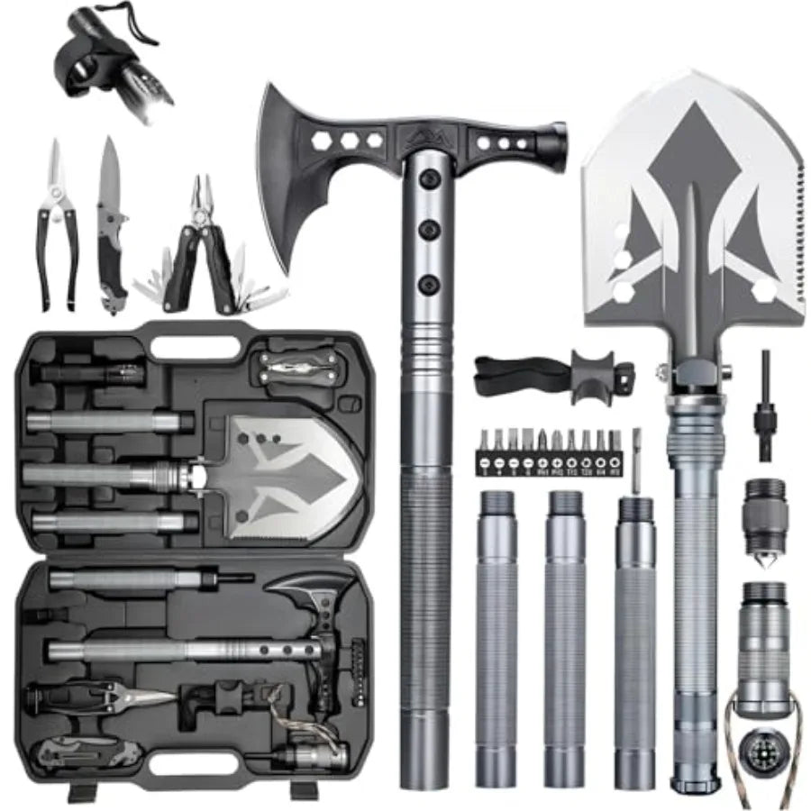 Folding Tactical Shovel Hatchet Combo With Flashlight For Camping