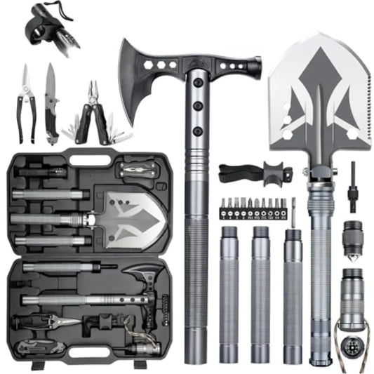Folding Tactical Shovel Hatchet Combo With Flashlight For Camping