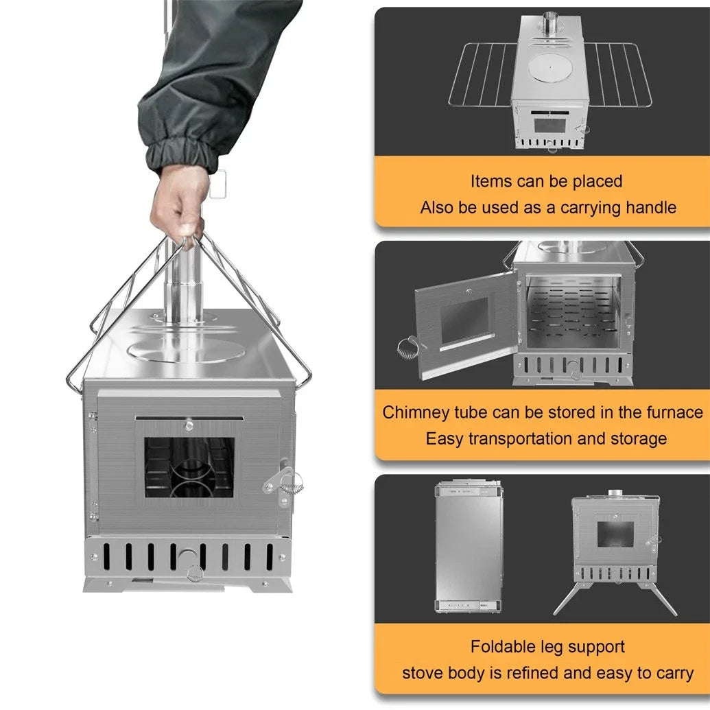 Portable Wood Burning Stove With Six Stainless Outdoor Chimney Pipes