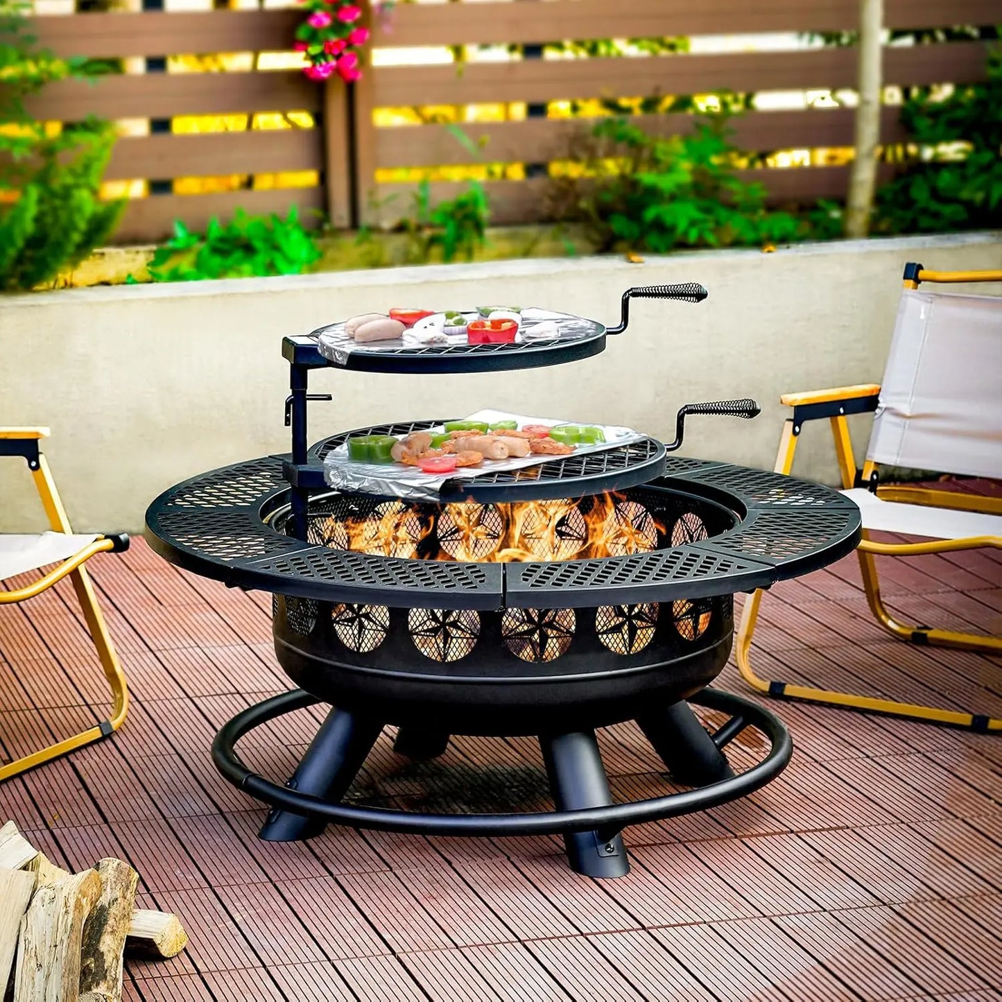 Outdoor Wood Burning Fire Pit With Dual Cooking Grills