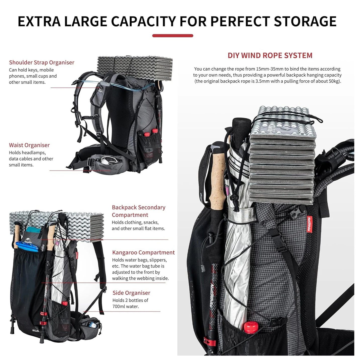 Naturehike Waterproof Hiking Backpack With Rain Cover And Internal Frame