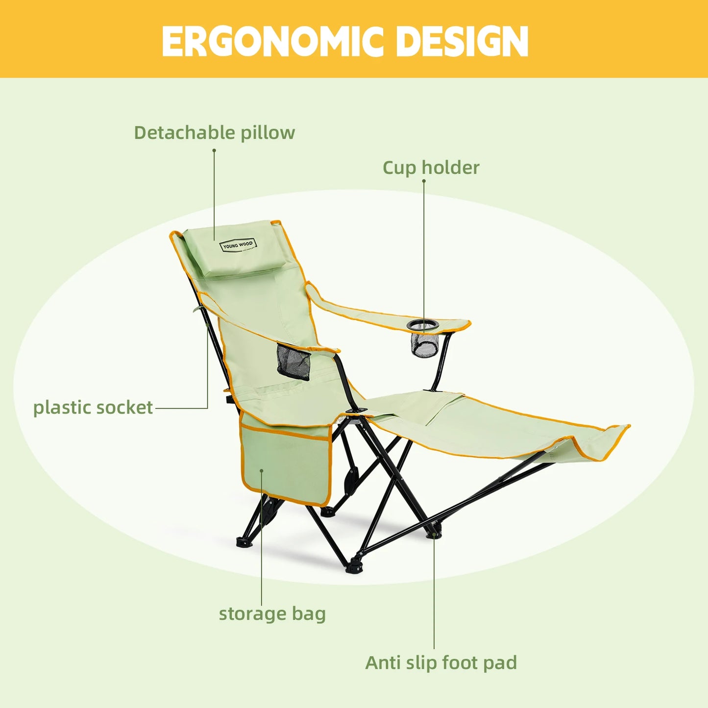 GERC Young Wood 2 In 1 Reclining Camping Chair Footrest