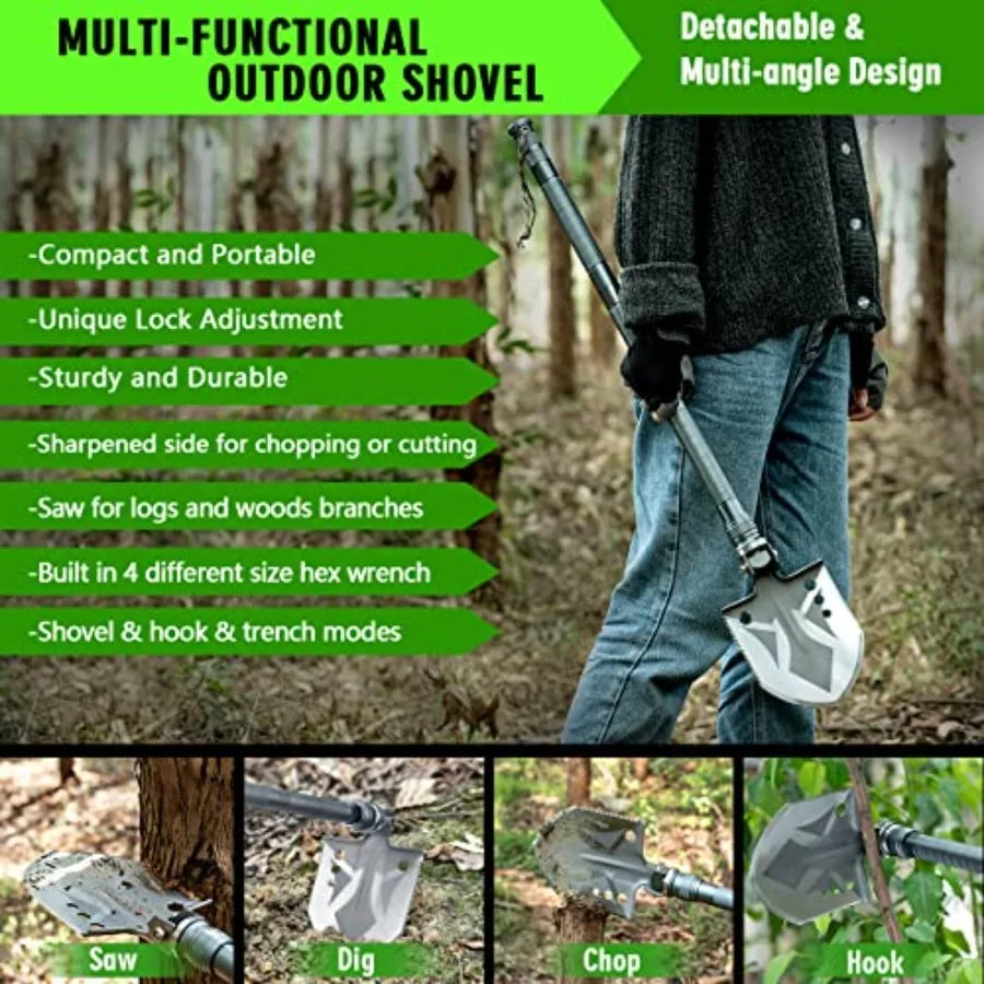 Folding Tactical Shovel Hatchet Combo With Flashlight For Camping