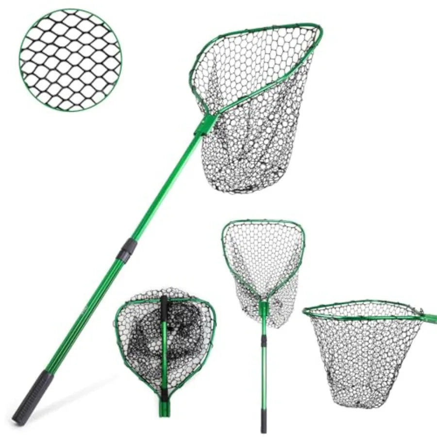 Telescopic Fishing Landing Net Silicone Rubber Mesh Large Hoop