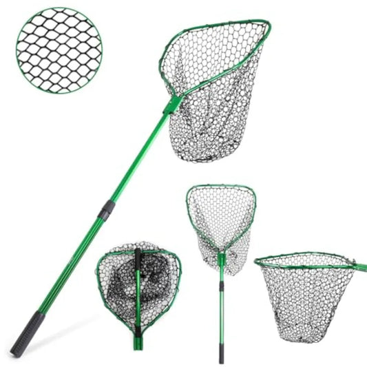 Telescopic Fishing Landing Net Silicone Rubber Mesh Large Hoop
