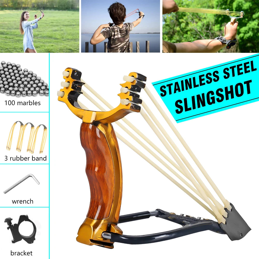 High Precision Outdoor Slingshot Set With Alloy Wooden Handle And 3 Rubber Bands