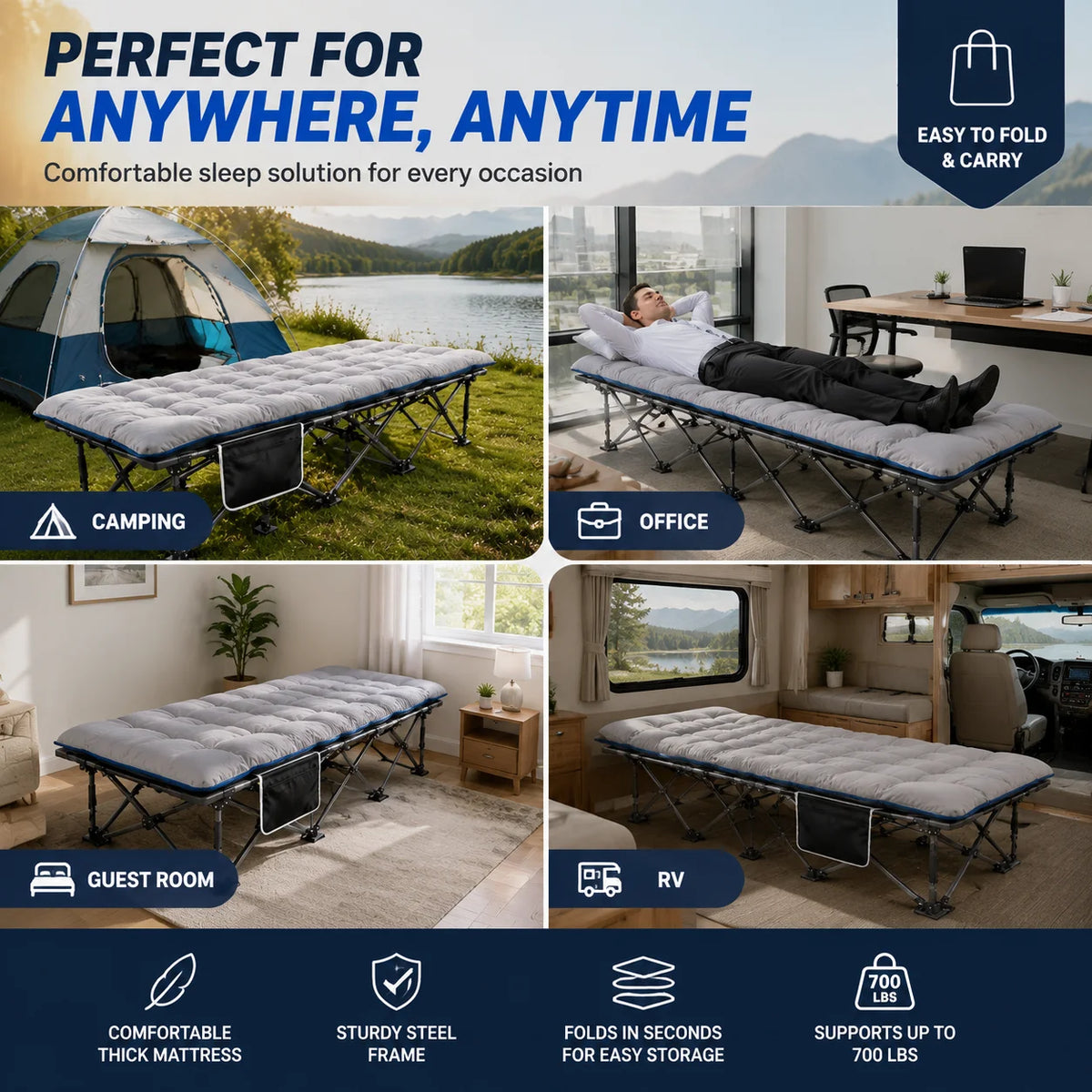 Portable Foldable Camping Cot With Thick Padded Sleeping Bed