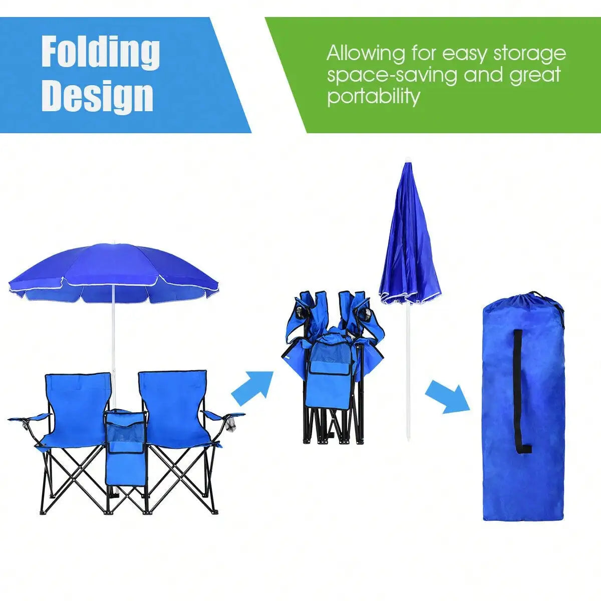 Folding Picnic Double Chair With Umbrella Table Cooler For Beach Camping