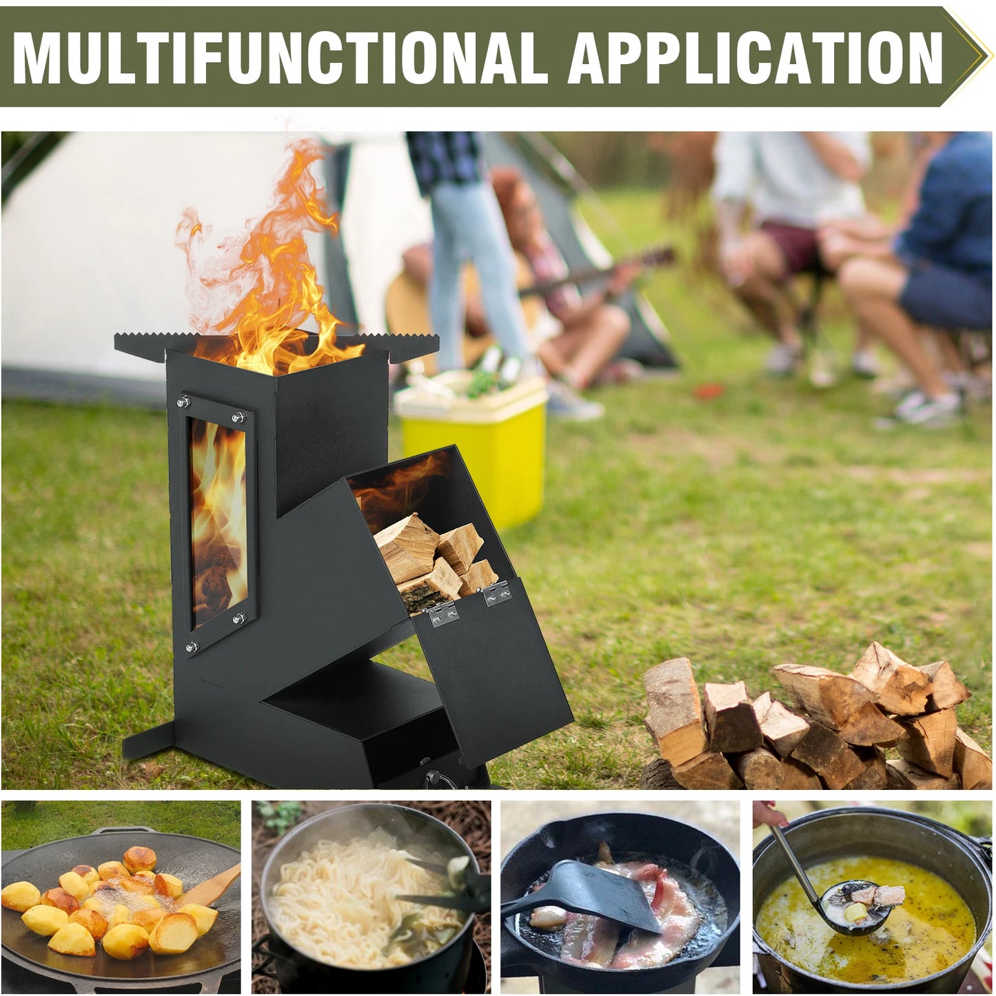 Portable Rocket Stove With Glass Door Outdoor Camping Grill Emergency