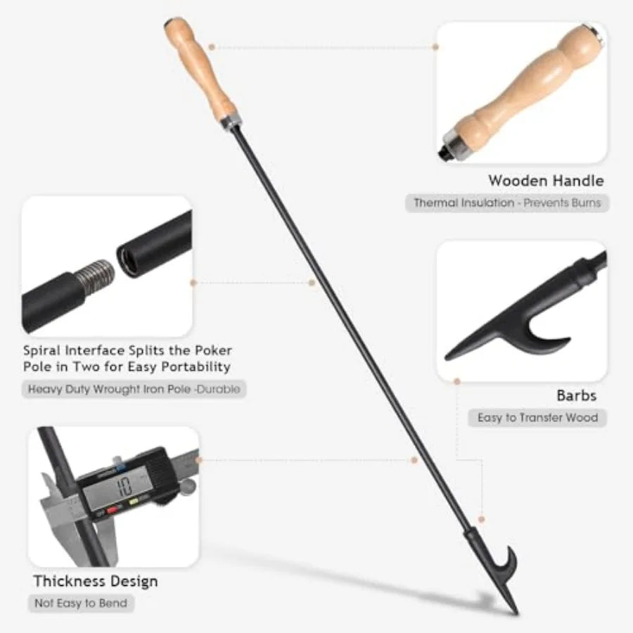 Heavy Duty Camp Fire Poker With Wooden Handle Rustproof Camping
