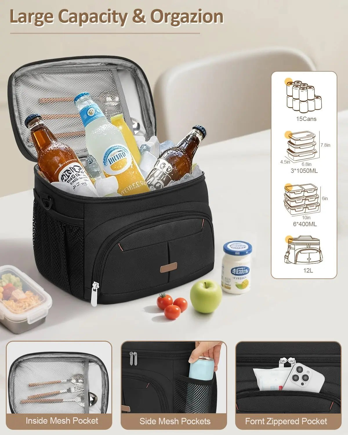 Insulated Lunch Bag Leakproof Cooler Tote With Removable Strap