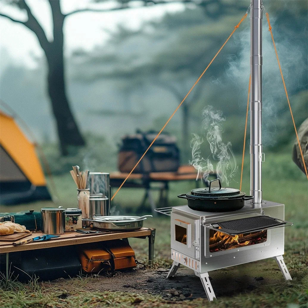Portable Wood Burning Stove With Six Stainless Outdoor Chimney Pipes