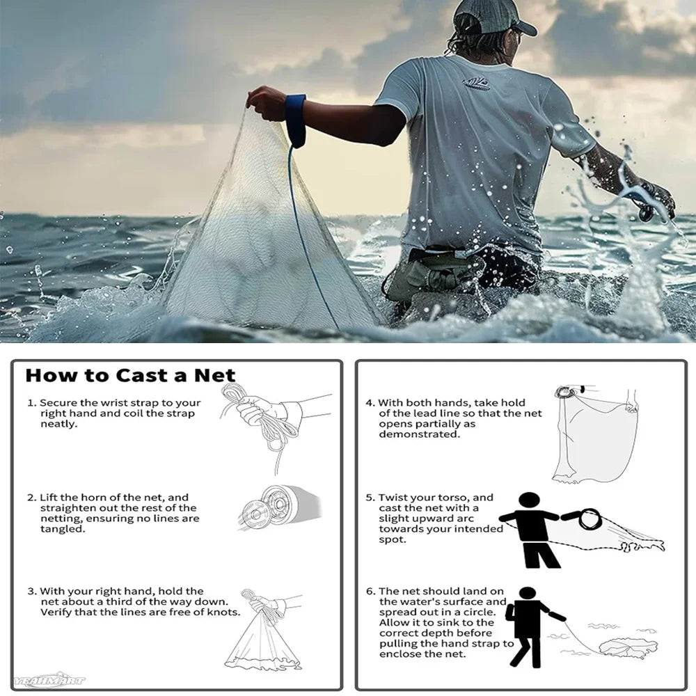 Saltwater Cast Net For Bait Fishing With Zinc Sinkers
