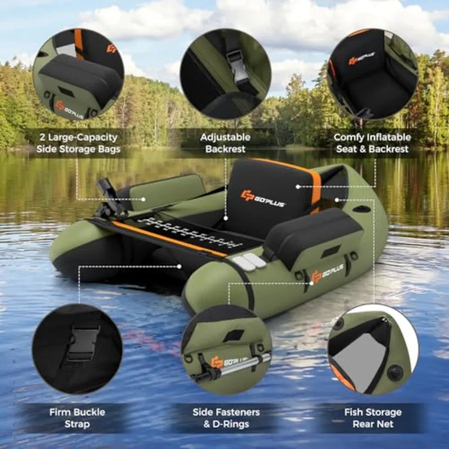 Inflatable Float Tube Fishing Belly Boat with Fish Ruler Pump Storage Bag Adjustable Straps Fishing Float Tube for Angling 350L